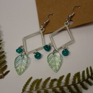 Handmade Silver and Green Leaf Dangle Earrings - Hypoallergenic